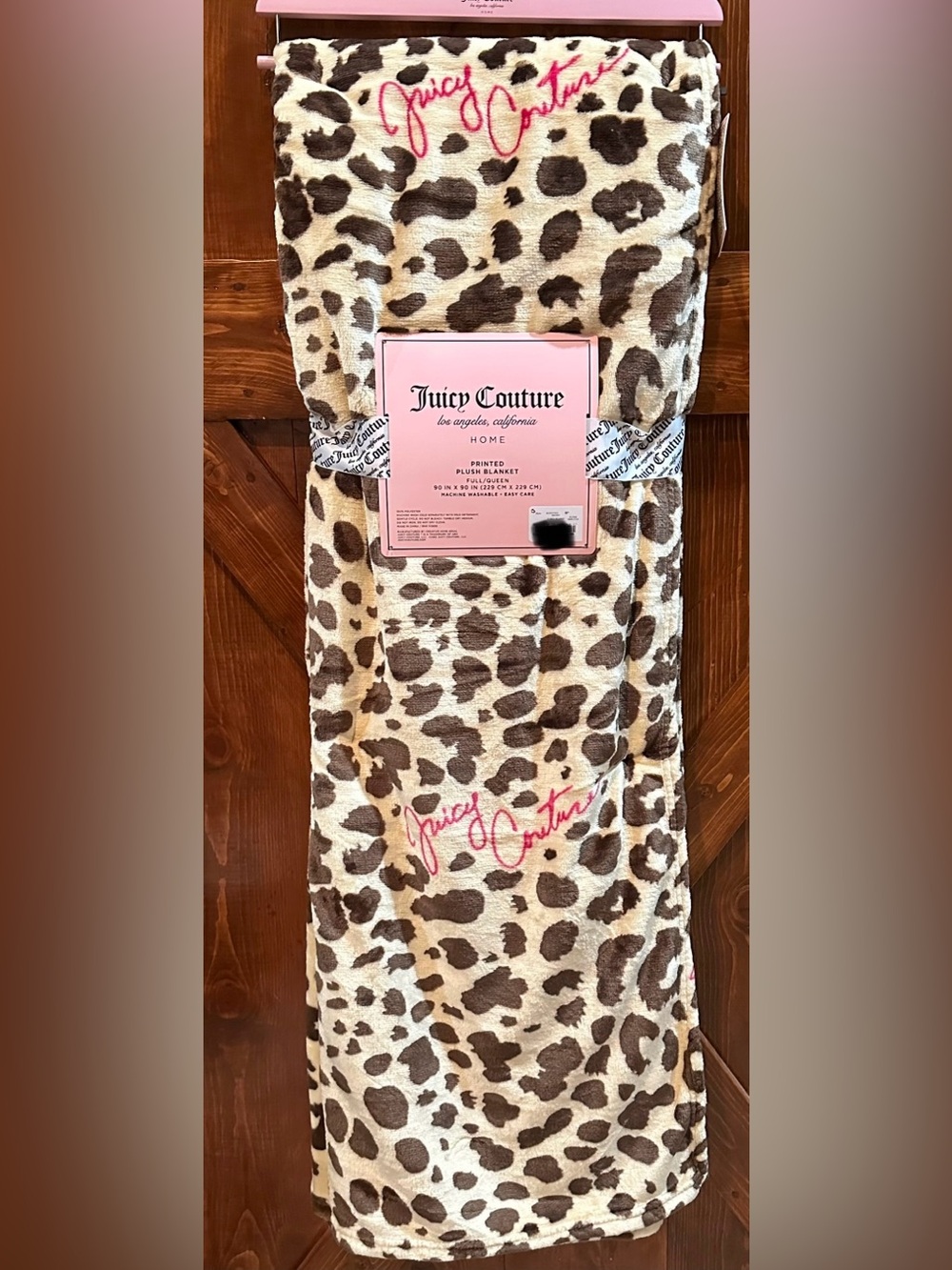 Juicy Couture Full/Queen Cream and Brown Leopard Plush Blanket with Pink Logo